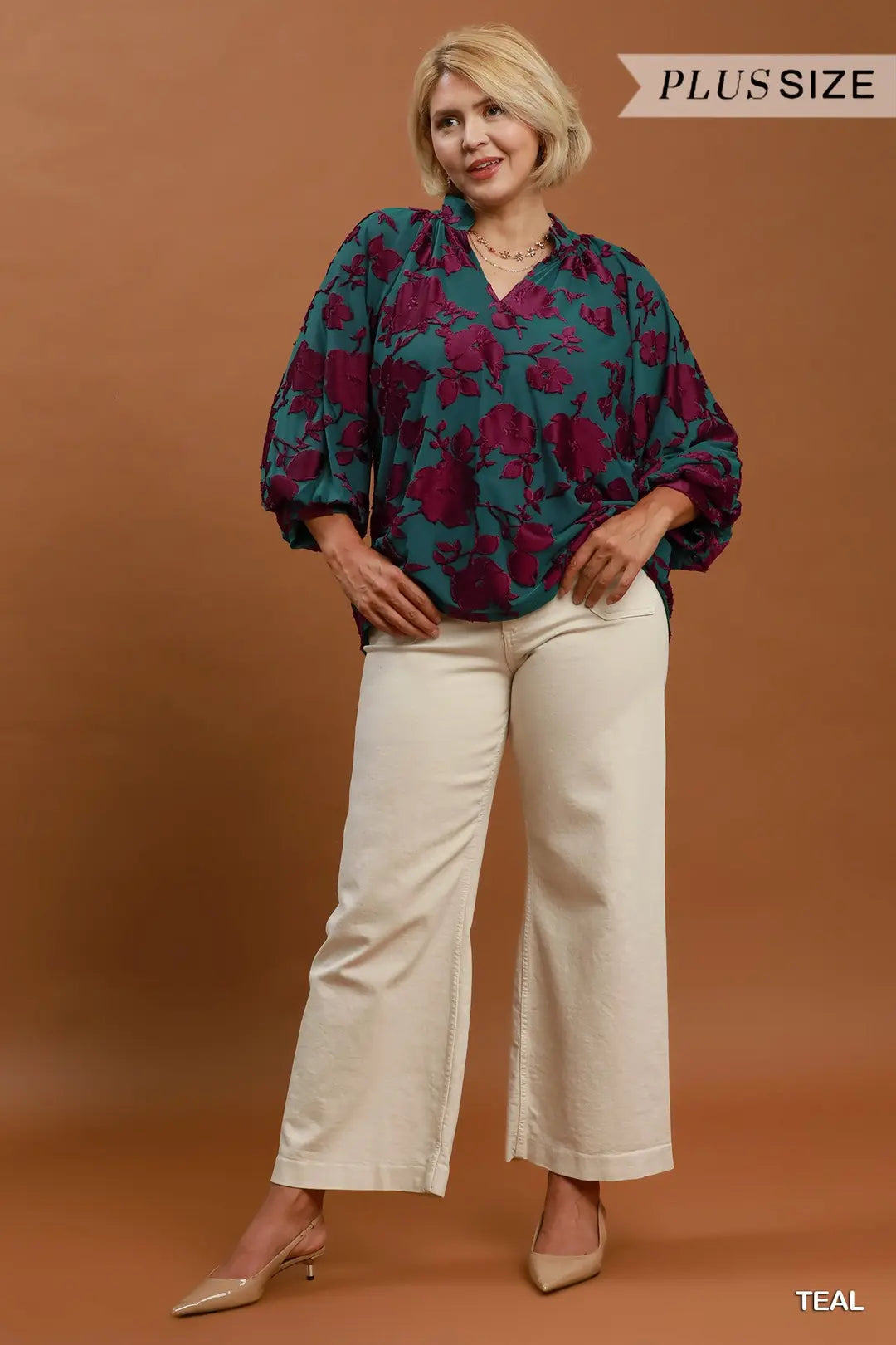Textured Floral Balloon Sleeve Blouse