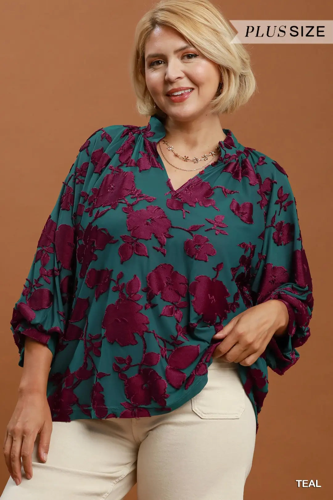 Textured Floral Balloon Sleeve Blouse