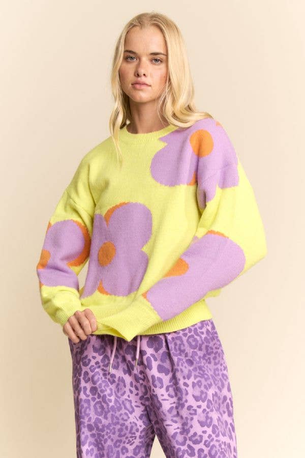 FLORAL ROUND NECK LONG SLEEVE LOOSE FIT SWEATER