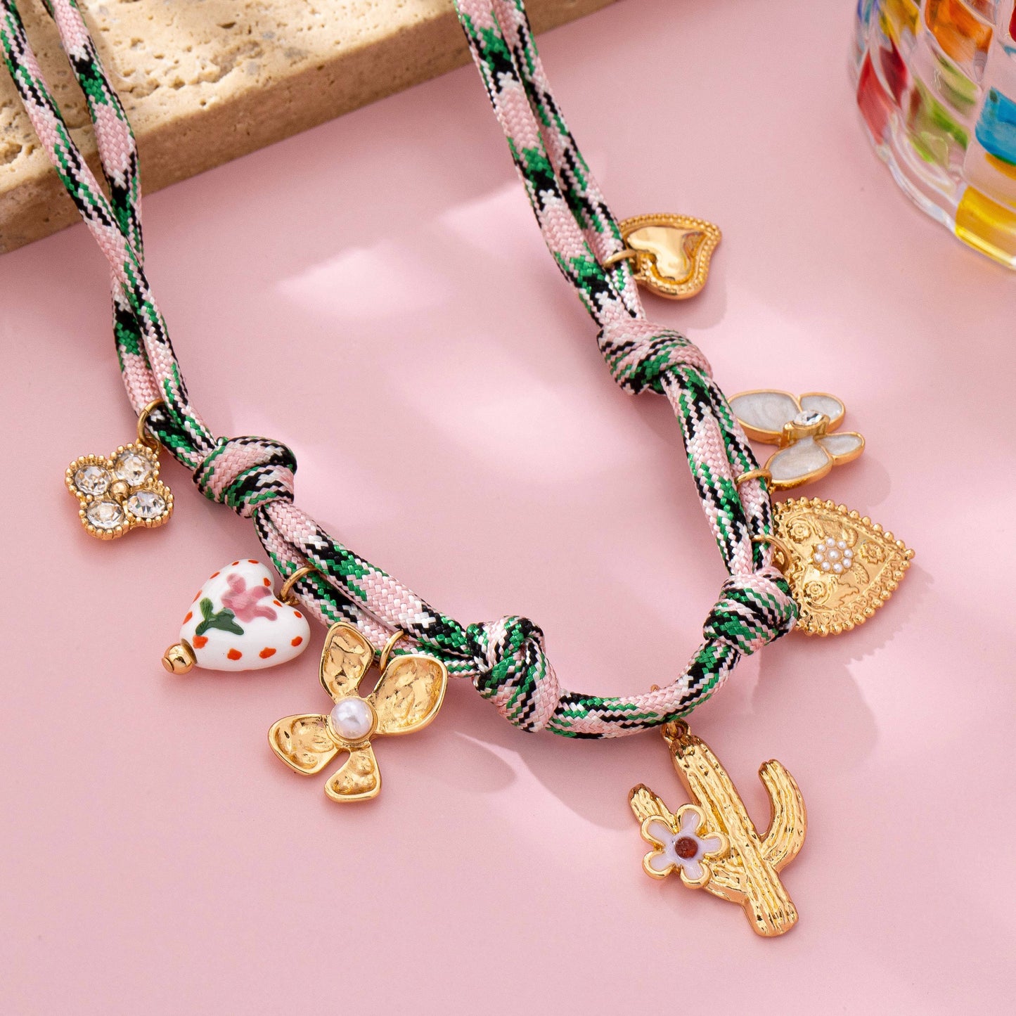Pink Cord Charm Necklace - Bohemian Multi-Charm | 80N92743
