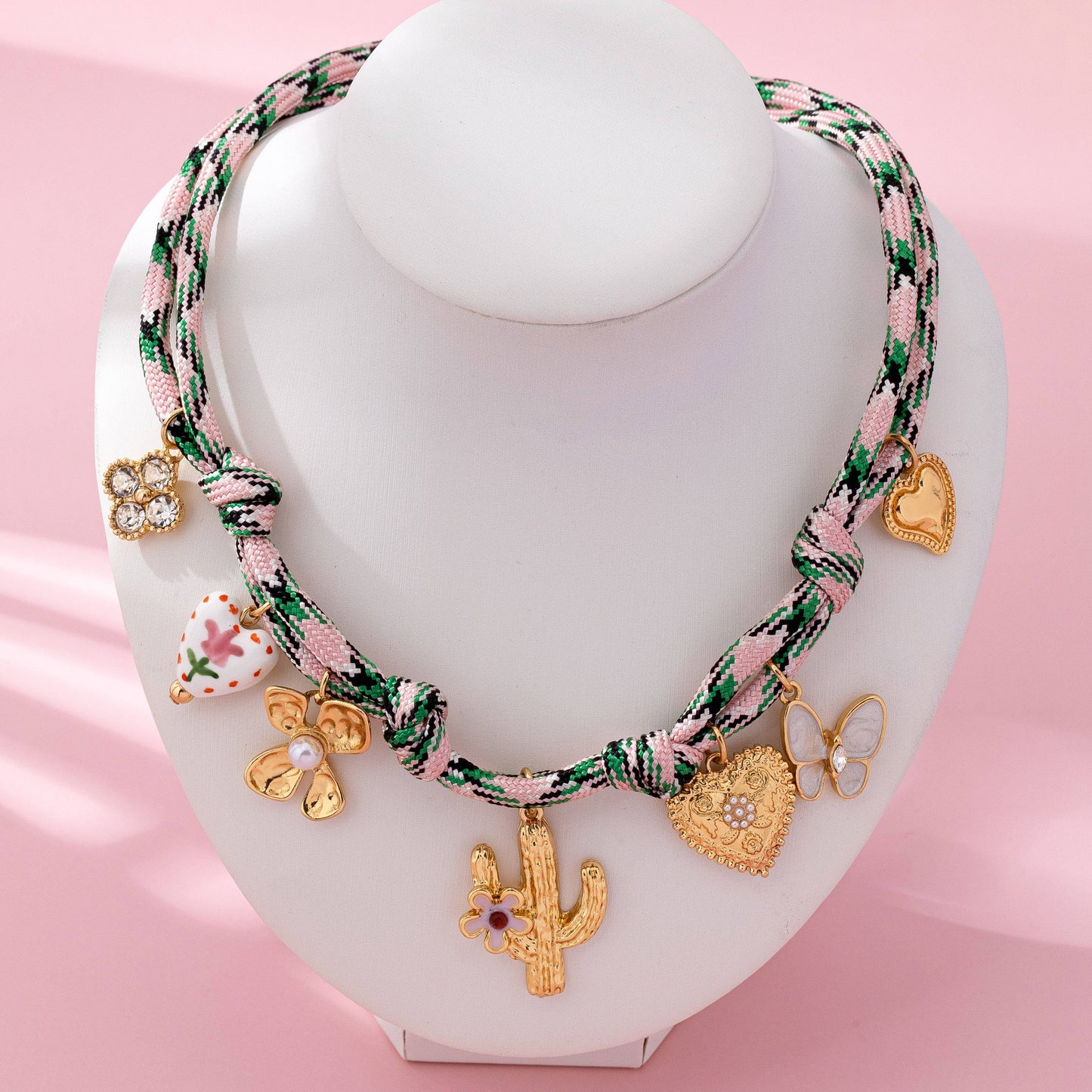 Pink Cord Charm Necklace - Bohemian Multi-Charm | 80N92743