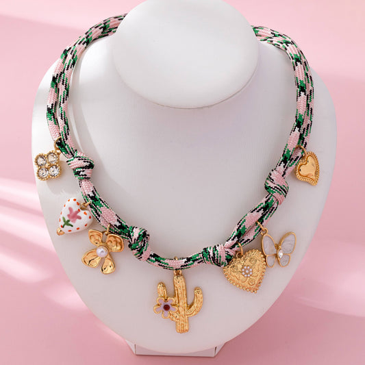 Pink Cord Charm Necklace - Bohemian Multi-Charm | 80N92743