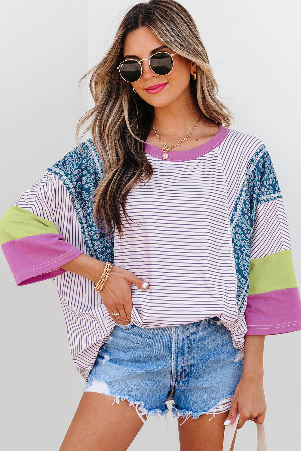 Stripe Floral Raw Edge Patchwork Top