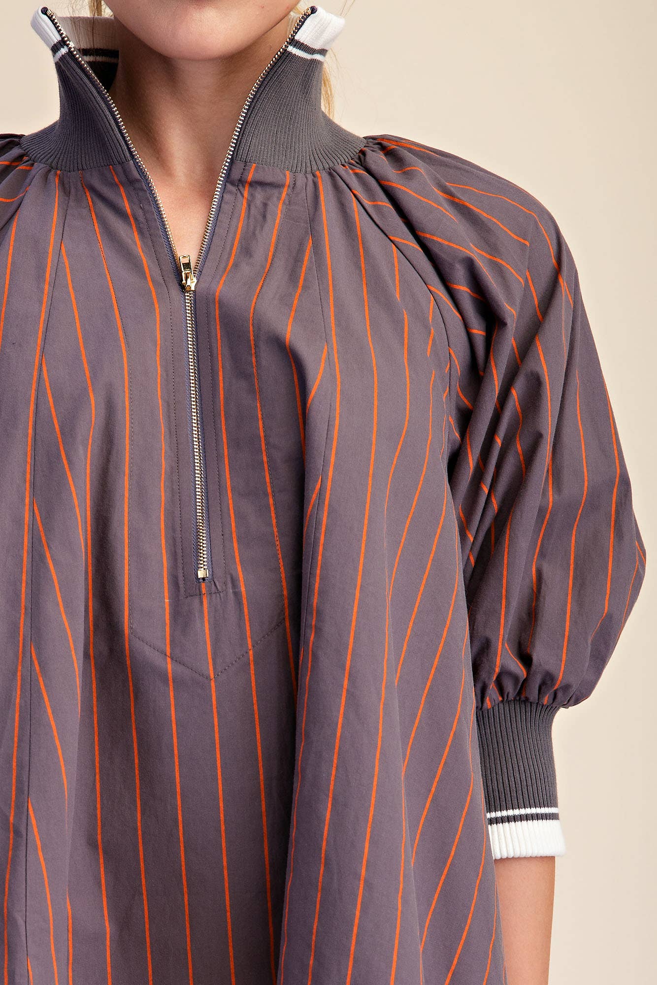 Mock Neck Band Puff Sleeve Stripe Blouse
