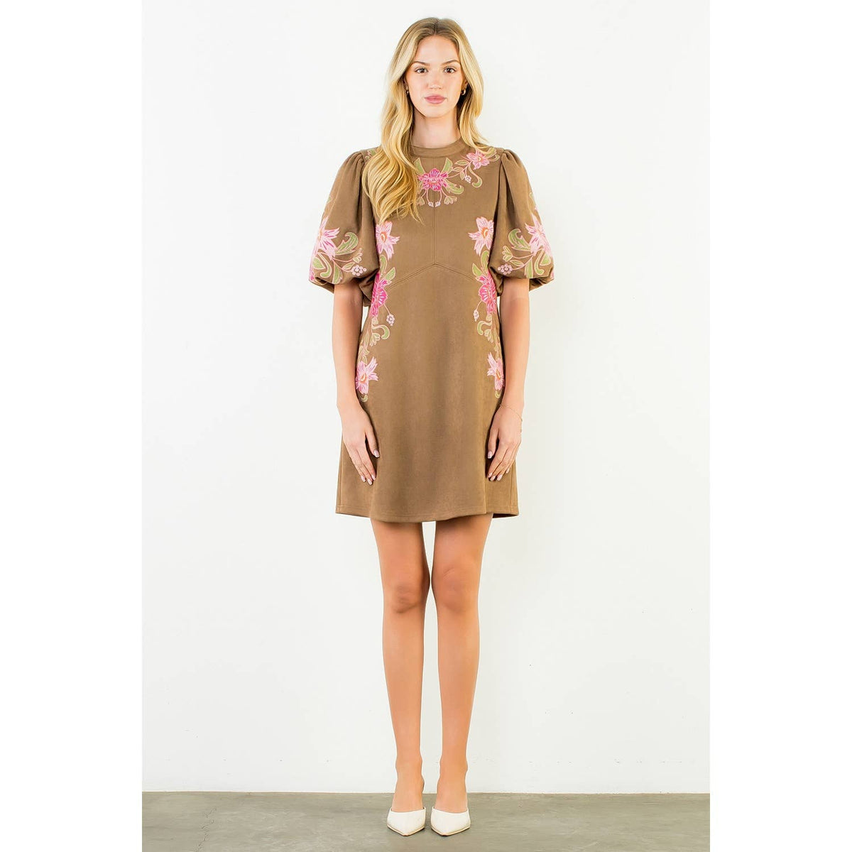 Suede Floral Embroidered Dress