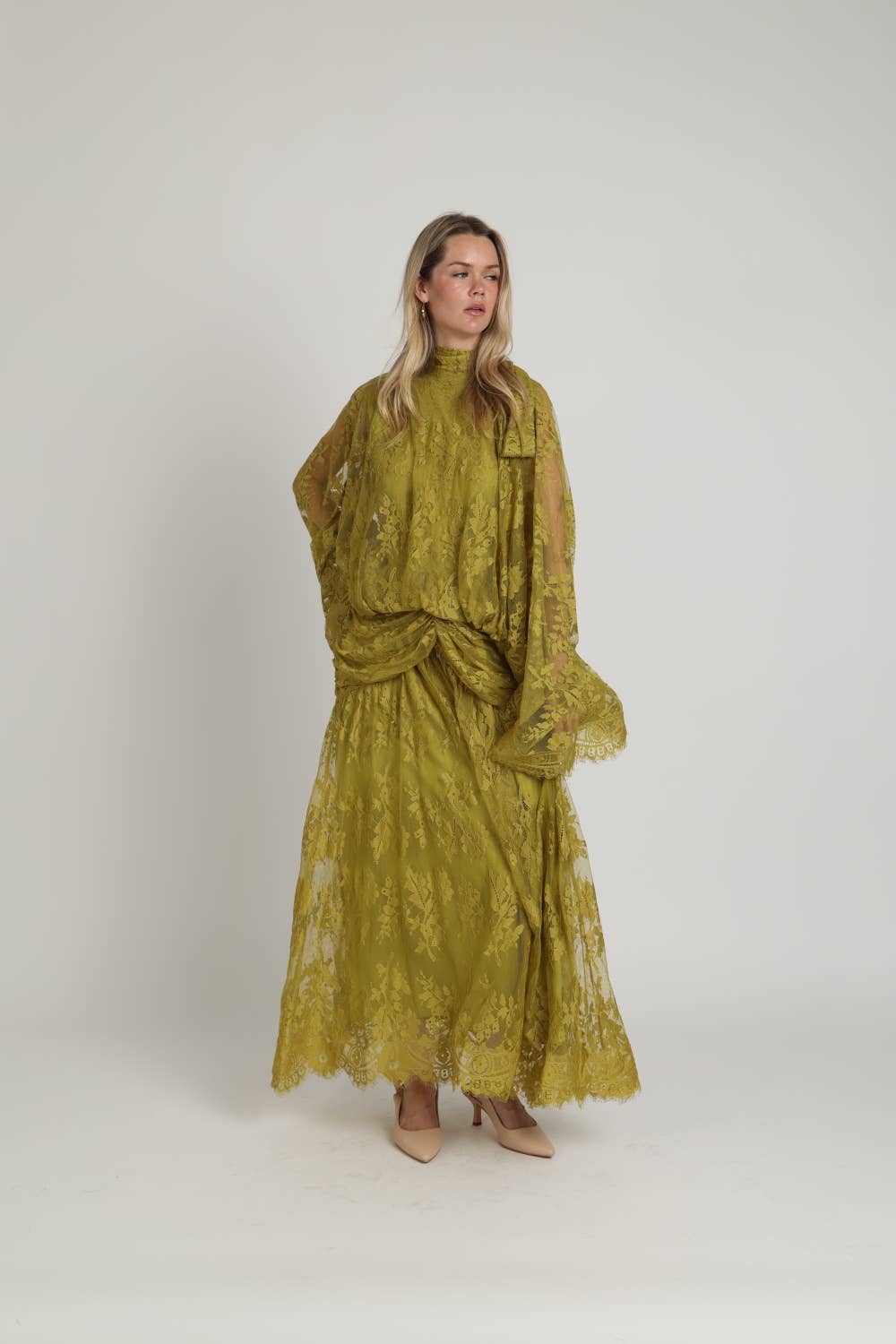 High-Neck Floral Lace Maxi Dress with Cape-Style Sleeves