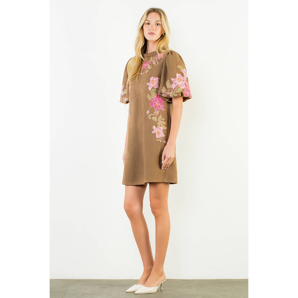 Suede Floral Embroidered Dress
