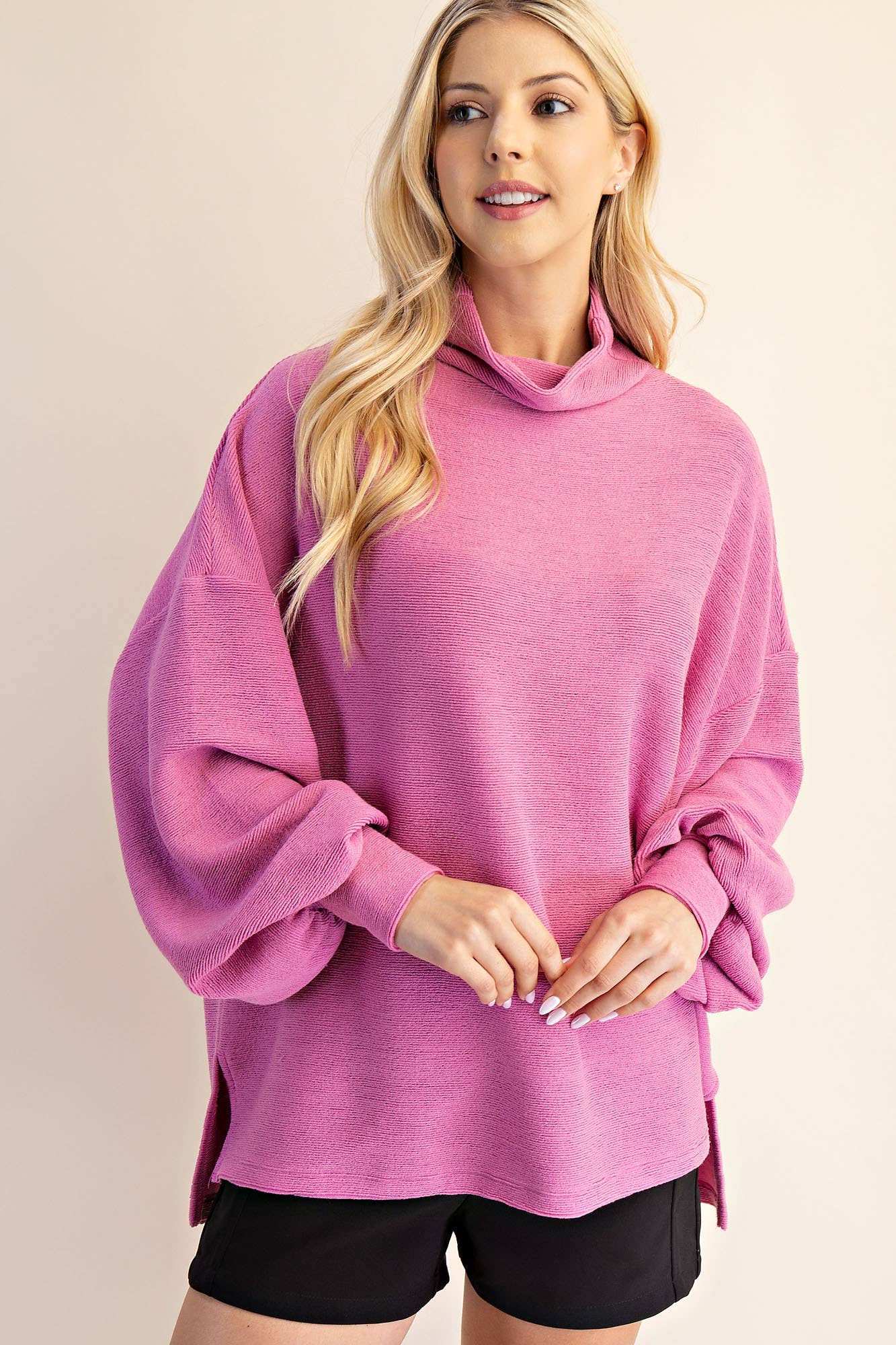 Mock Neck Balloon Sleeve Knit Top