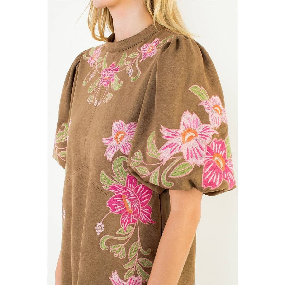 Suede Floral Embroidered Dress