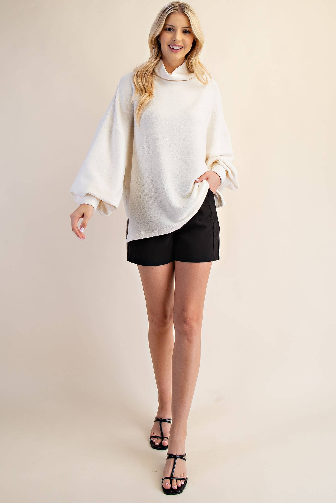 Mock Neck Balloon Sleeve Knit Top