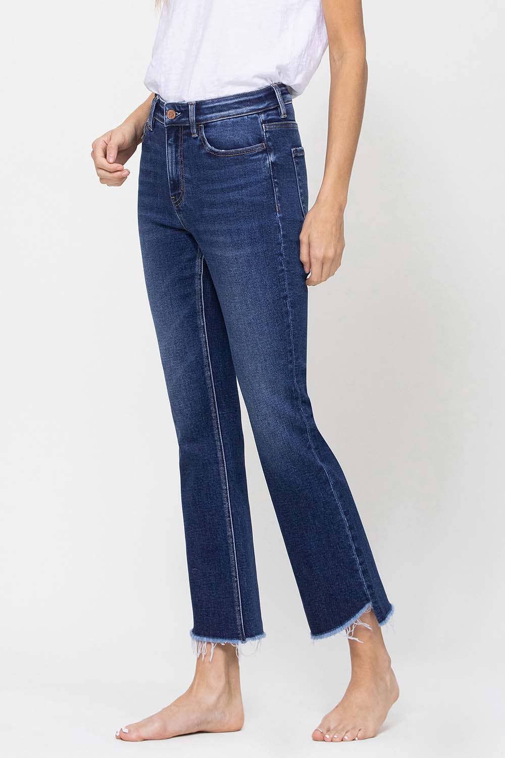 HIGH RISE RAW STEP HEM CROP MINI FLARE JEANS F4389