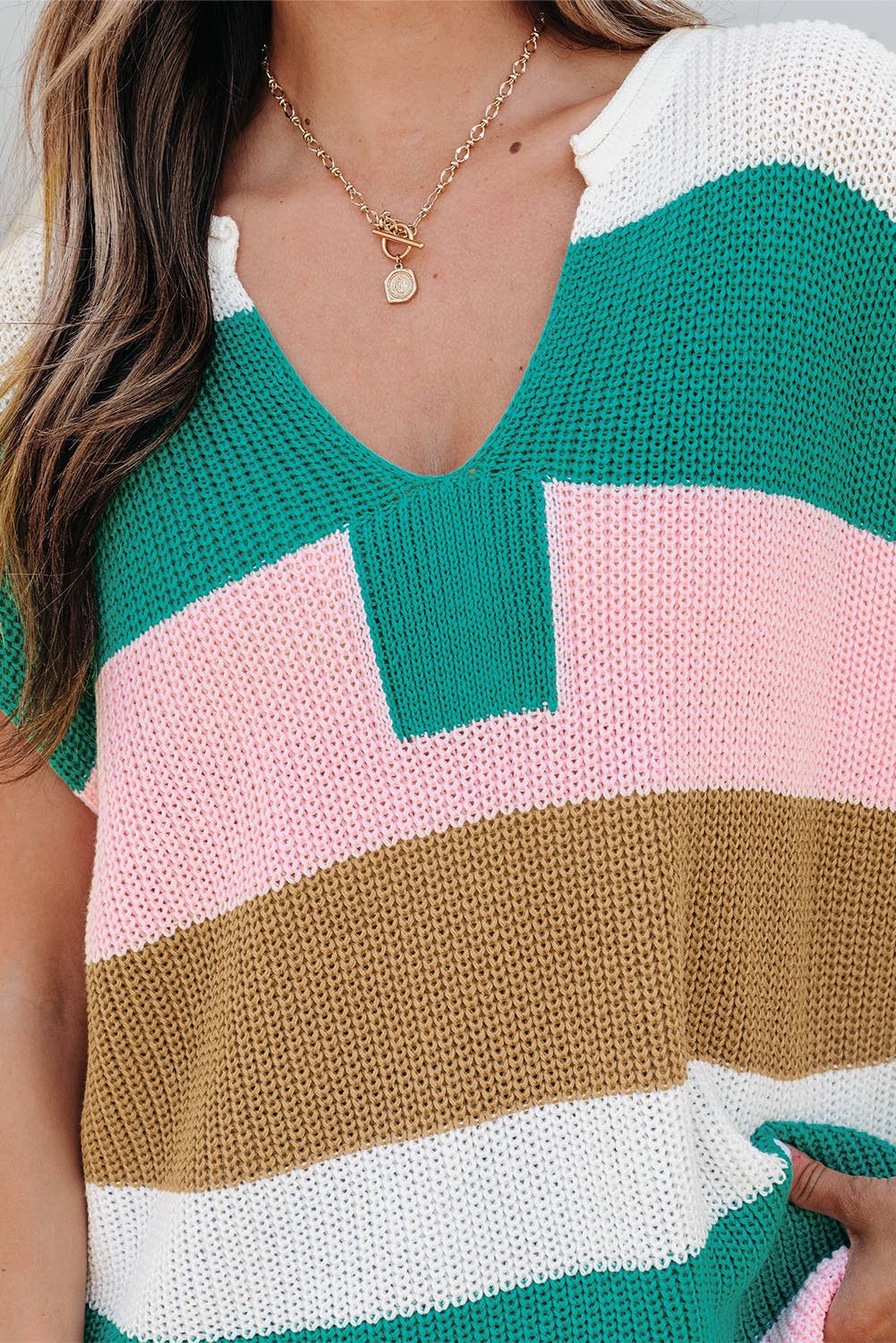 Color Block Notch V Neck Sweater