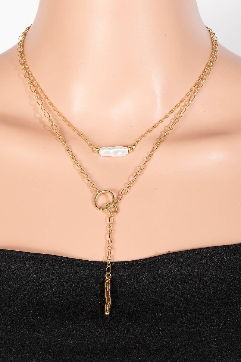 Pearl And Metallic Bar Pendant Layered Necklace