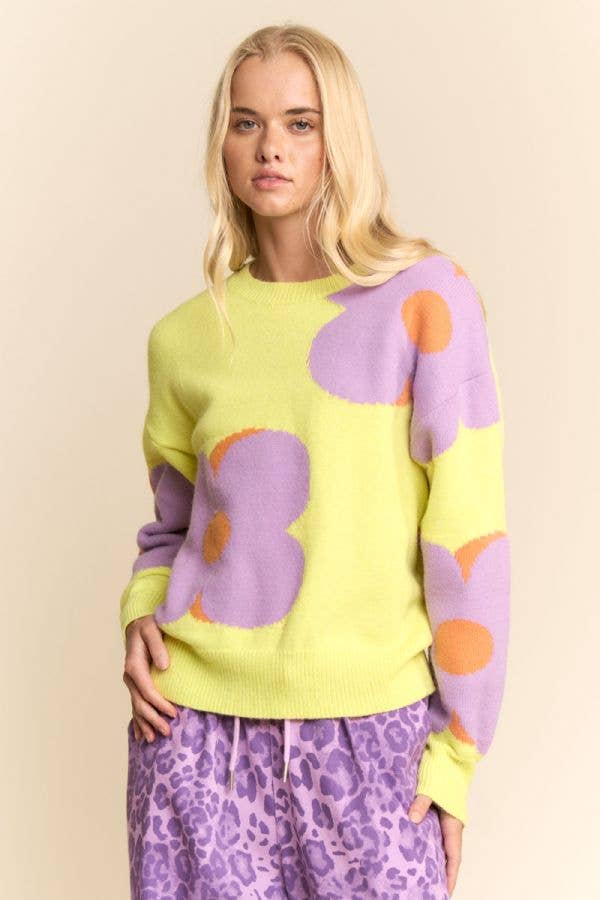 FLORAL ROUND NECK LONG SLEEVE LOOSE FIT SWEATER