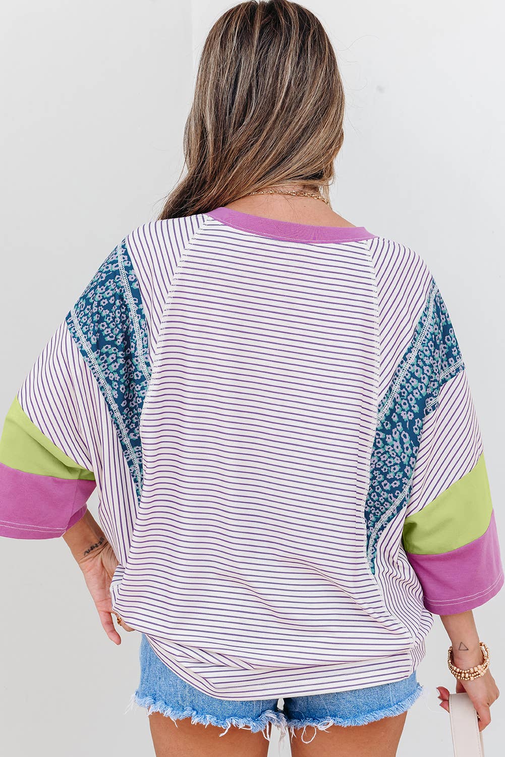 Stripe Floral Raw Edge Patchwork Top