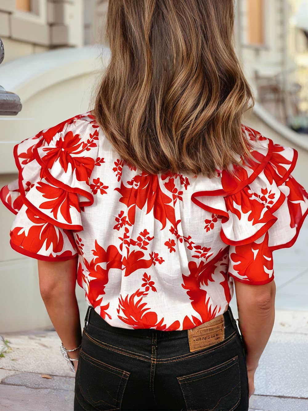 Plant Print Tiered Ruffled Sleeve V Neck Blouse