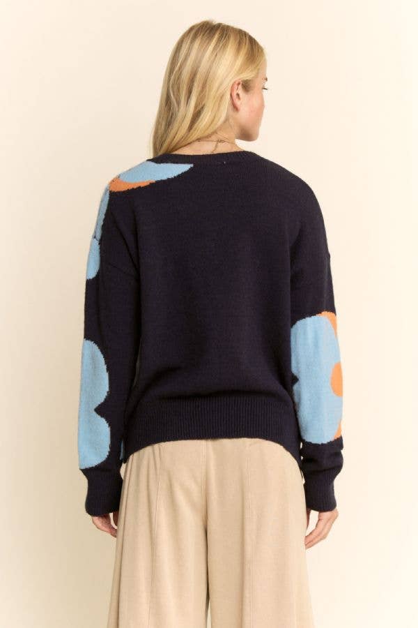 FLORAL ROUND NECK LONG SLEEVE LOOSE FIT SWEATER