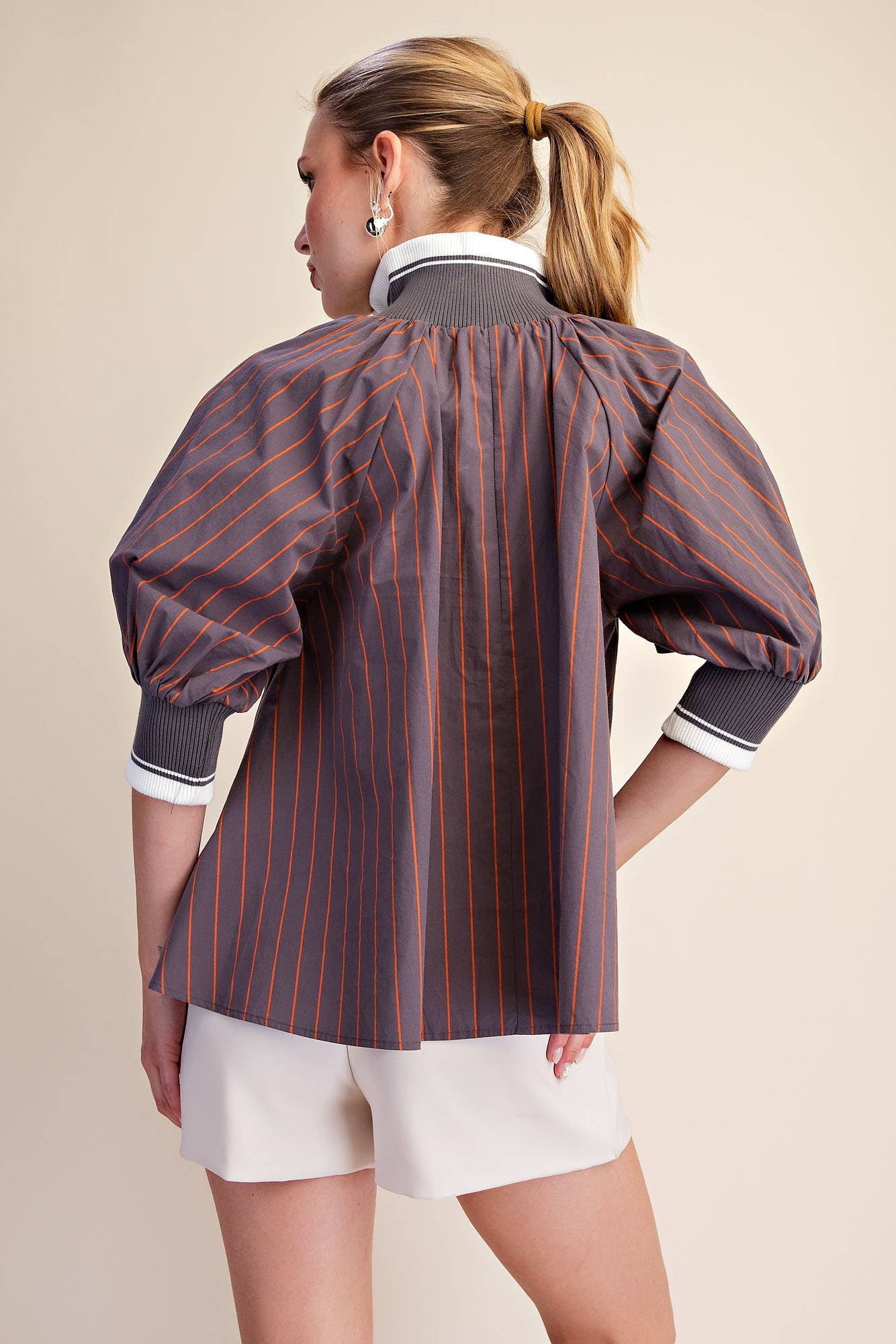 Mock Neck Band Puff Sleeve Stripe Blouse