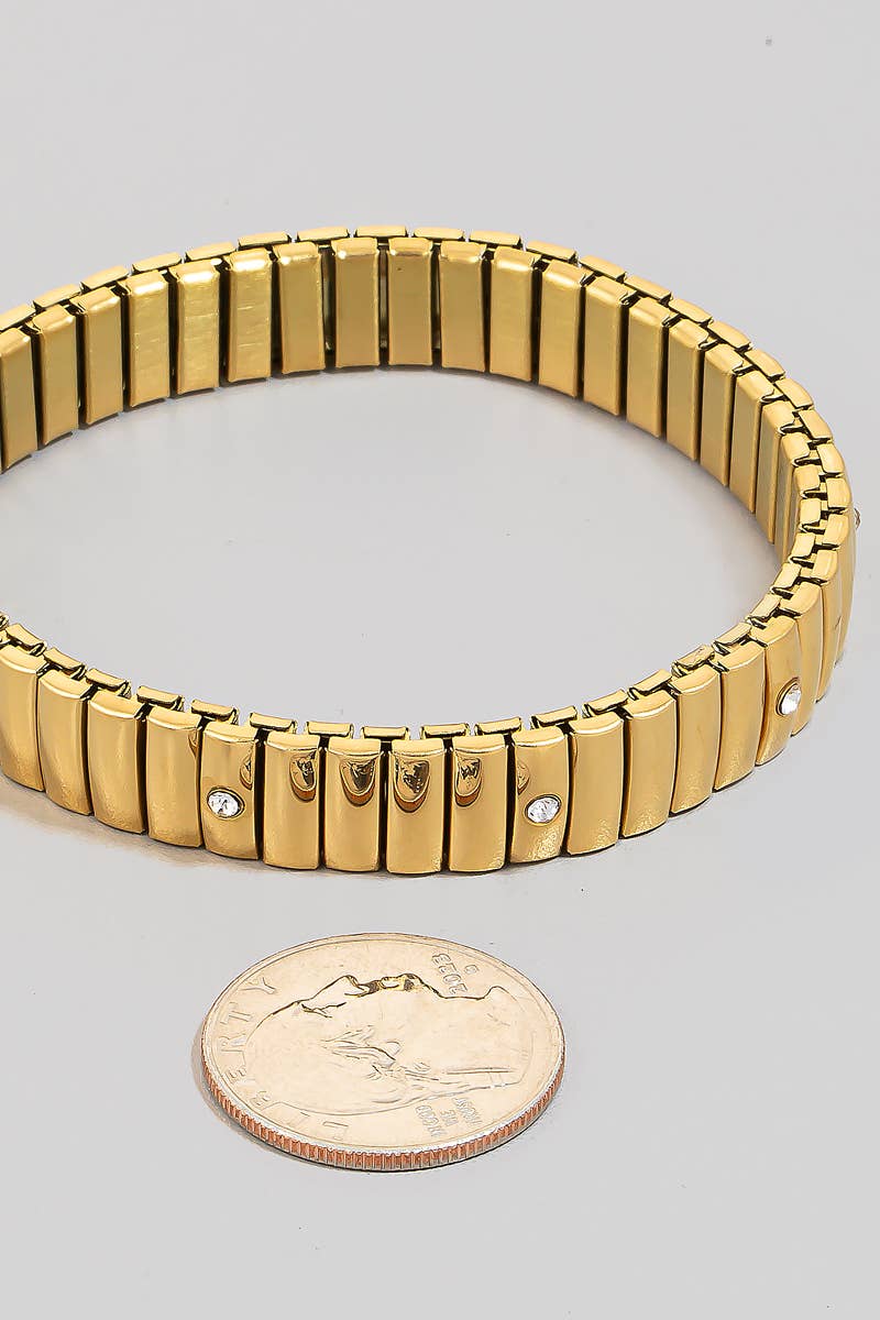 Stainless Steel Rhinestone Station Studded Intricate Elastic Bracelet