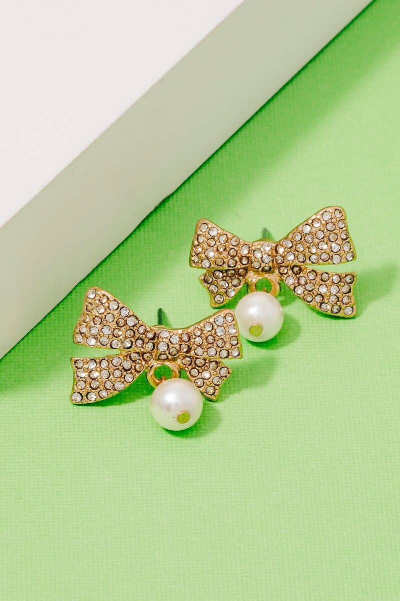 Rhinestone Pave Ribbon Bow Pearl Charm Stud Earrings