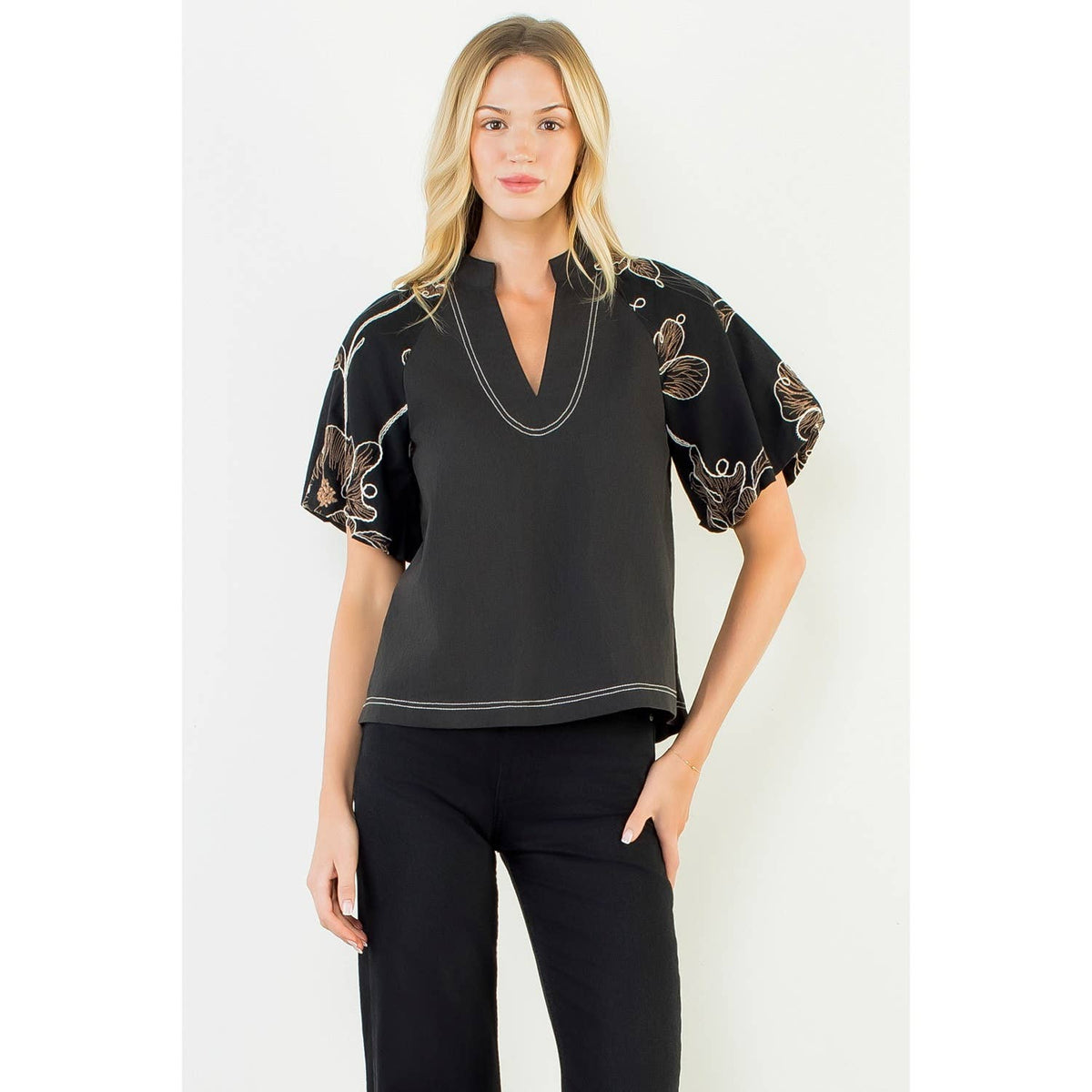 Puff Sleeve With Embroidery Detail Top