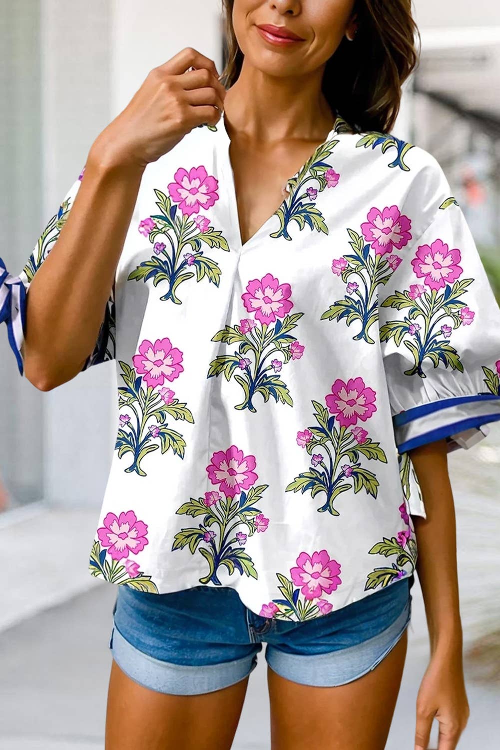 Floral Stripe Knot Bubble Sleeve Top