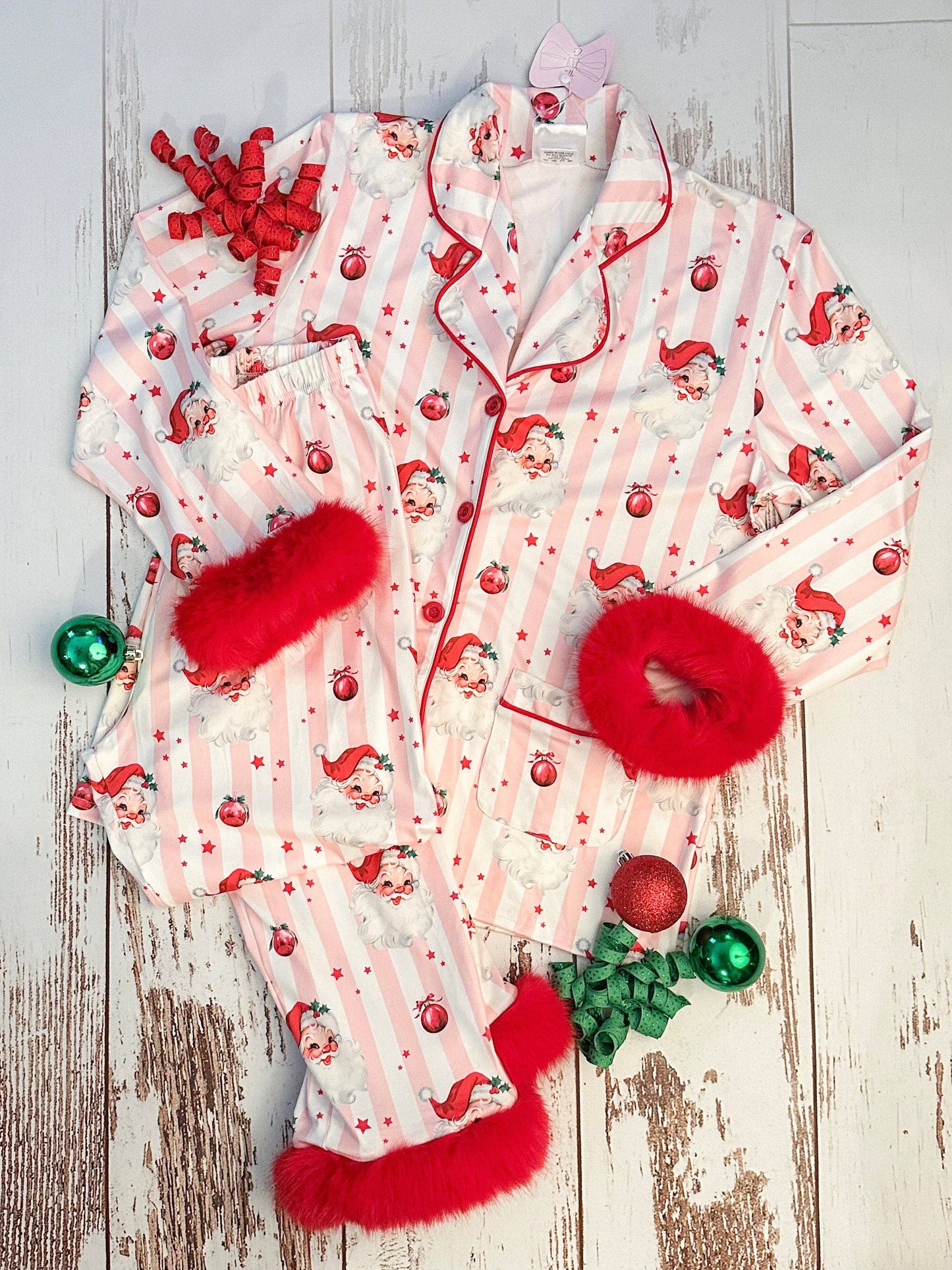 Mommy & Me Santa & Stripes Fuzzy Trim PJ's