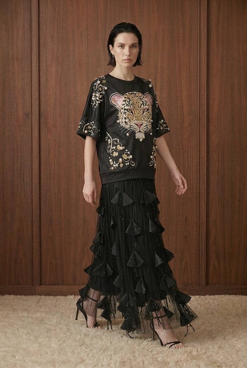 Embellished Leopard Motif Oversized T-Shirt