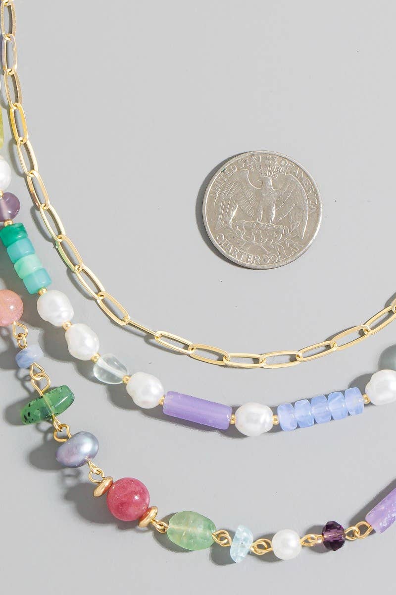 Assorted Pearl And Stone Beads Layered Chain Necklace