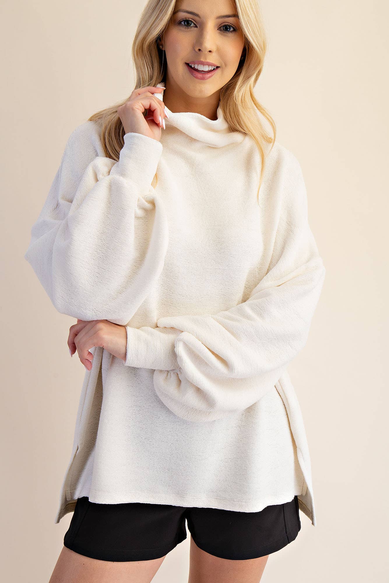 Mock Neck Balloon Sleeve Knit Top