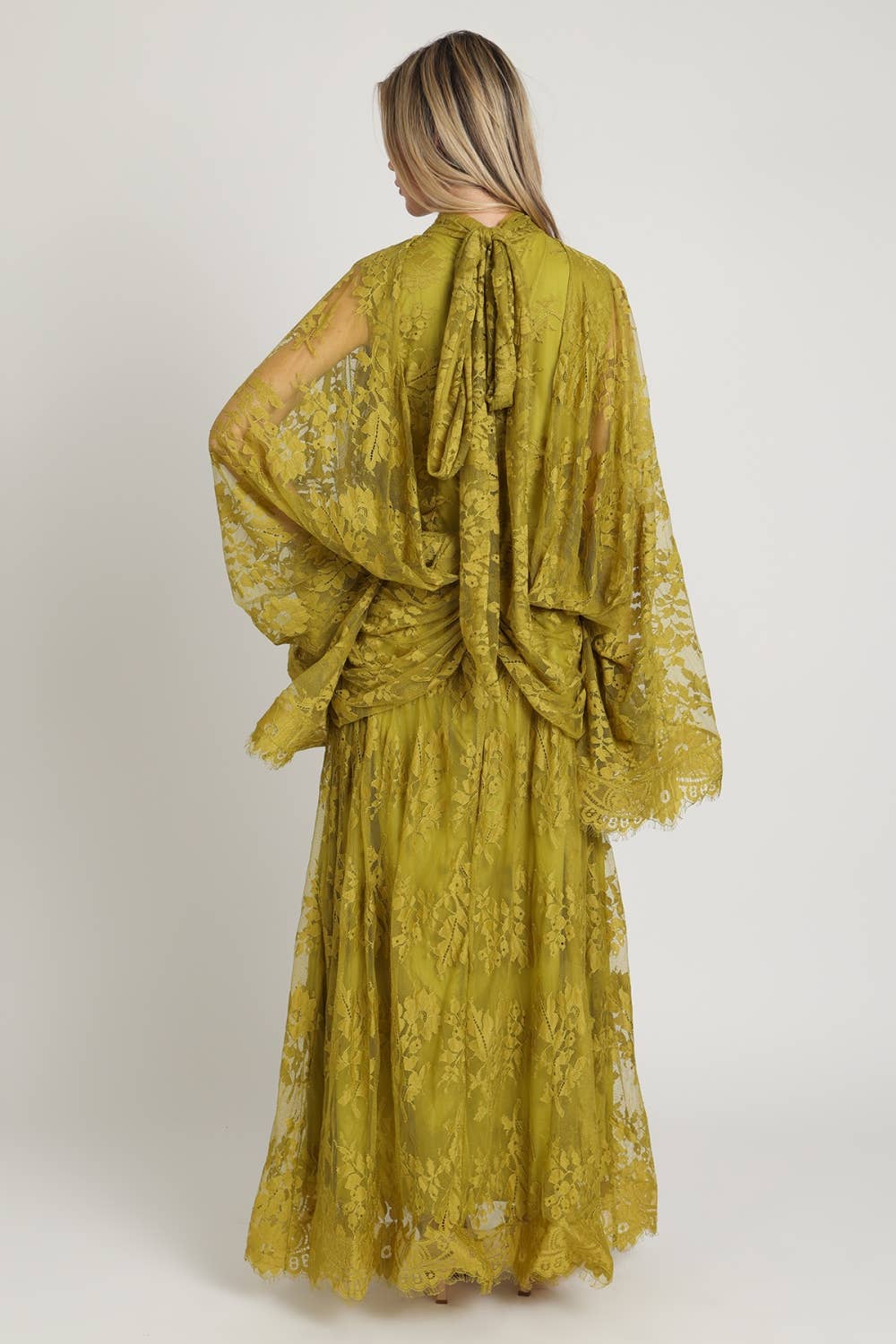 High-Neck Floral Lace Maxi Dress with Cape-Style Sleeves