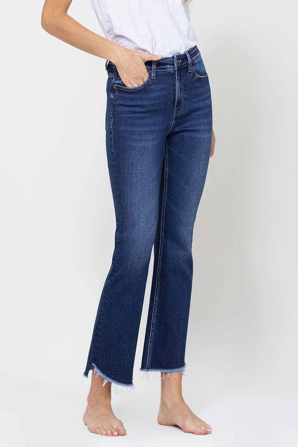 HIGH RISE RAW STEP HEM CROP MINI FLARE JEANS F4389