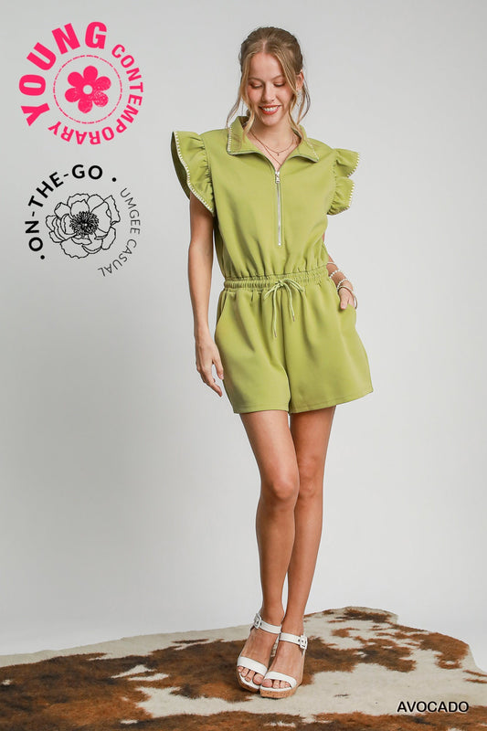 Ruffle Sleeve Zip-Up Romper