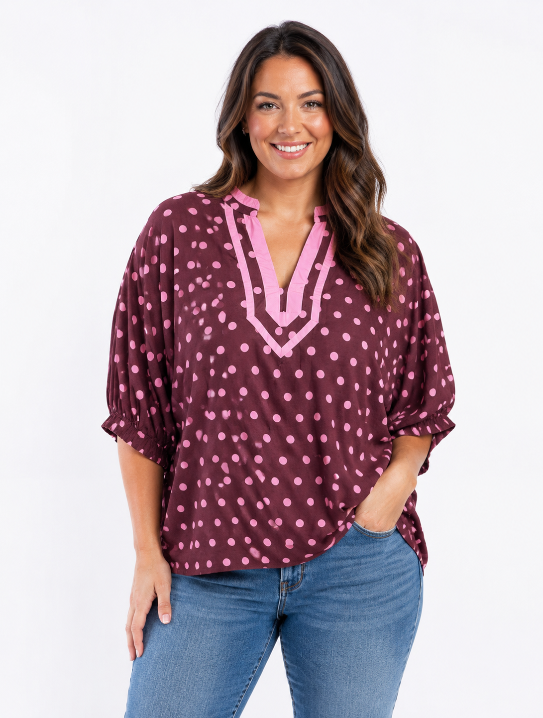 Entro Wine Polka Dot Short Dolman Sleeve Top