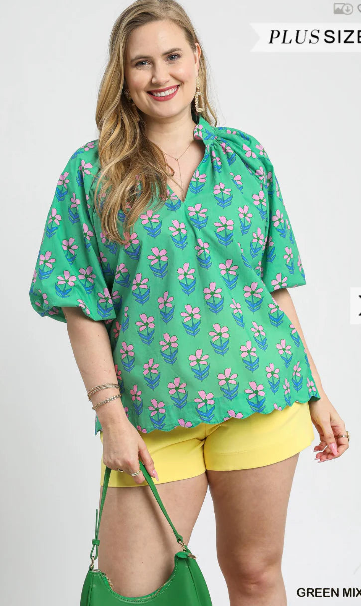 Umgee Curvy Floral Puff Sleeve Blouse