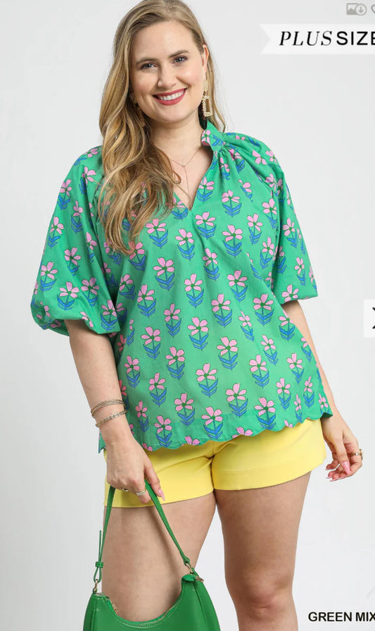 Umgee Curvy Floral Puff Sleeve Blouse