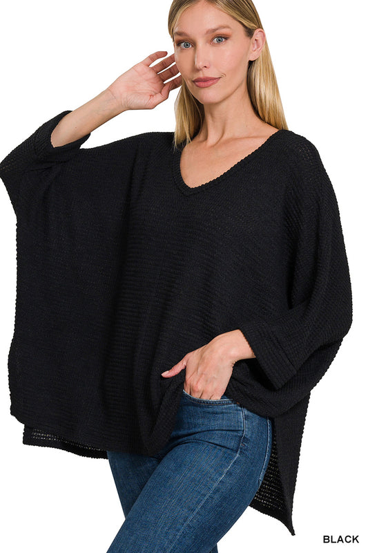 3/4 sleeve v-neck jacquard sweater
