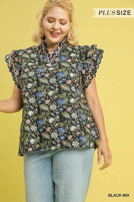 Kristi Floral Scallop Edge Ruffle Sleeve Top