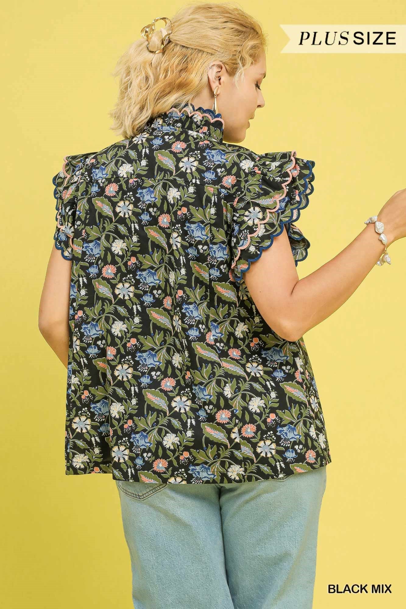 Kristi Floral Scallop Edge Ruffle Sleeve Top