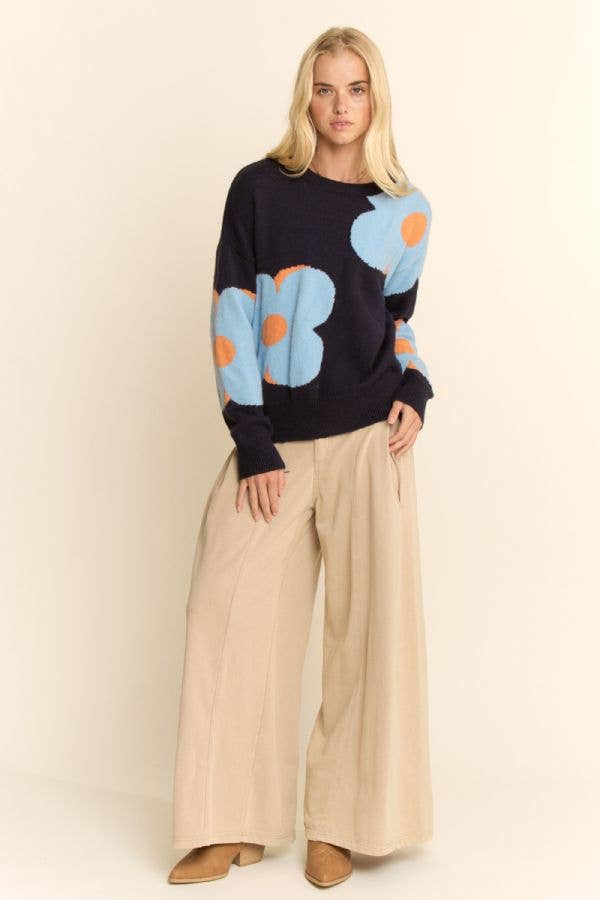 FLORAL ROUND NECK LONG SLEEVE LOOSE FIT SWEATER