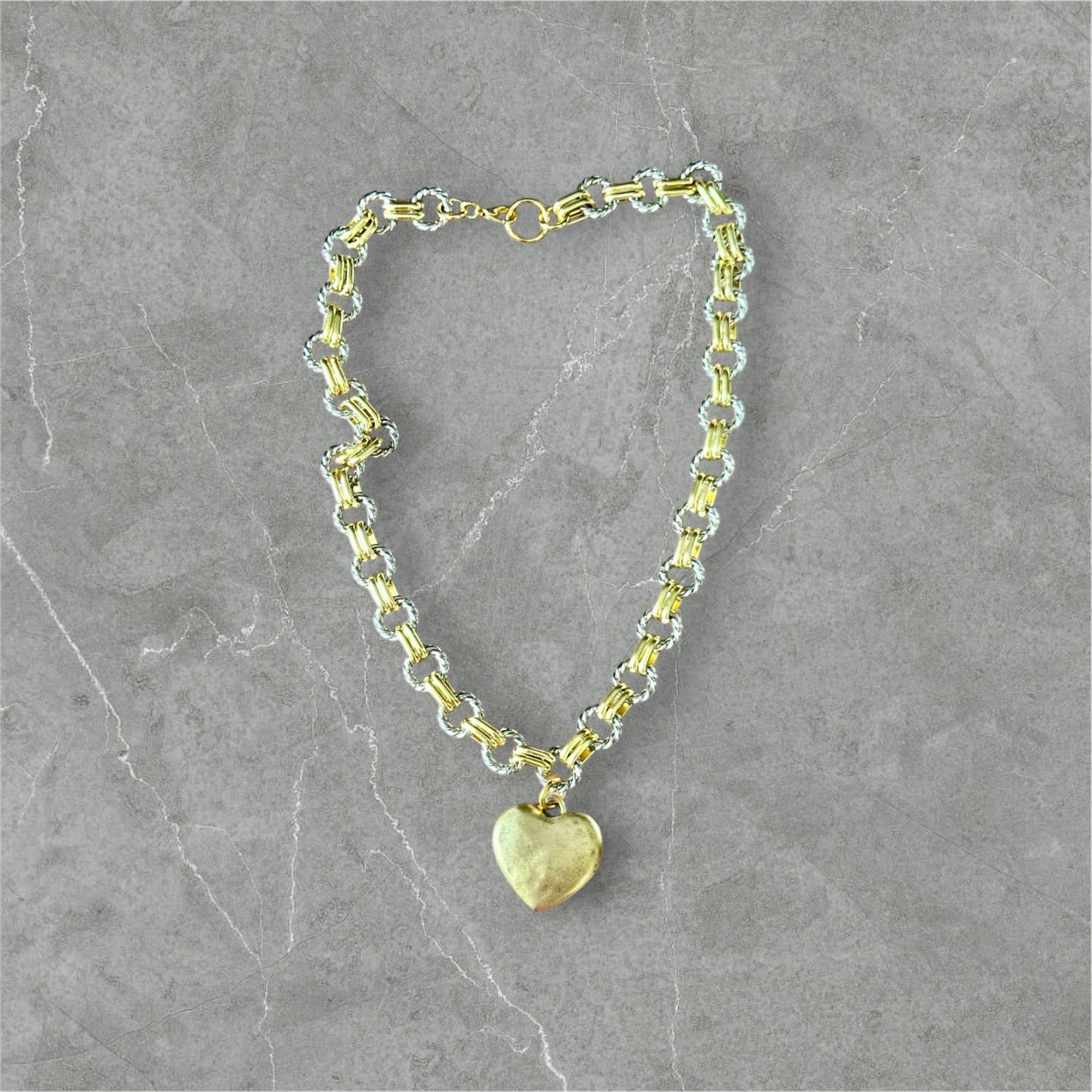 Mixed Metal Large Heart Chain Necklace 