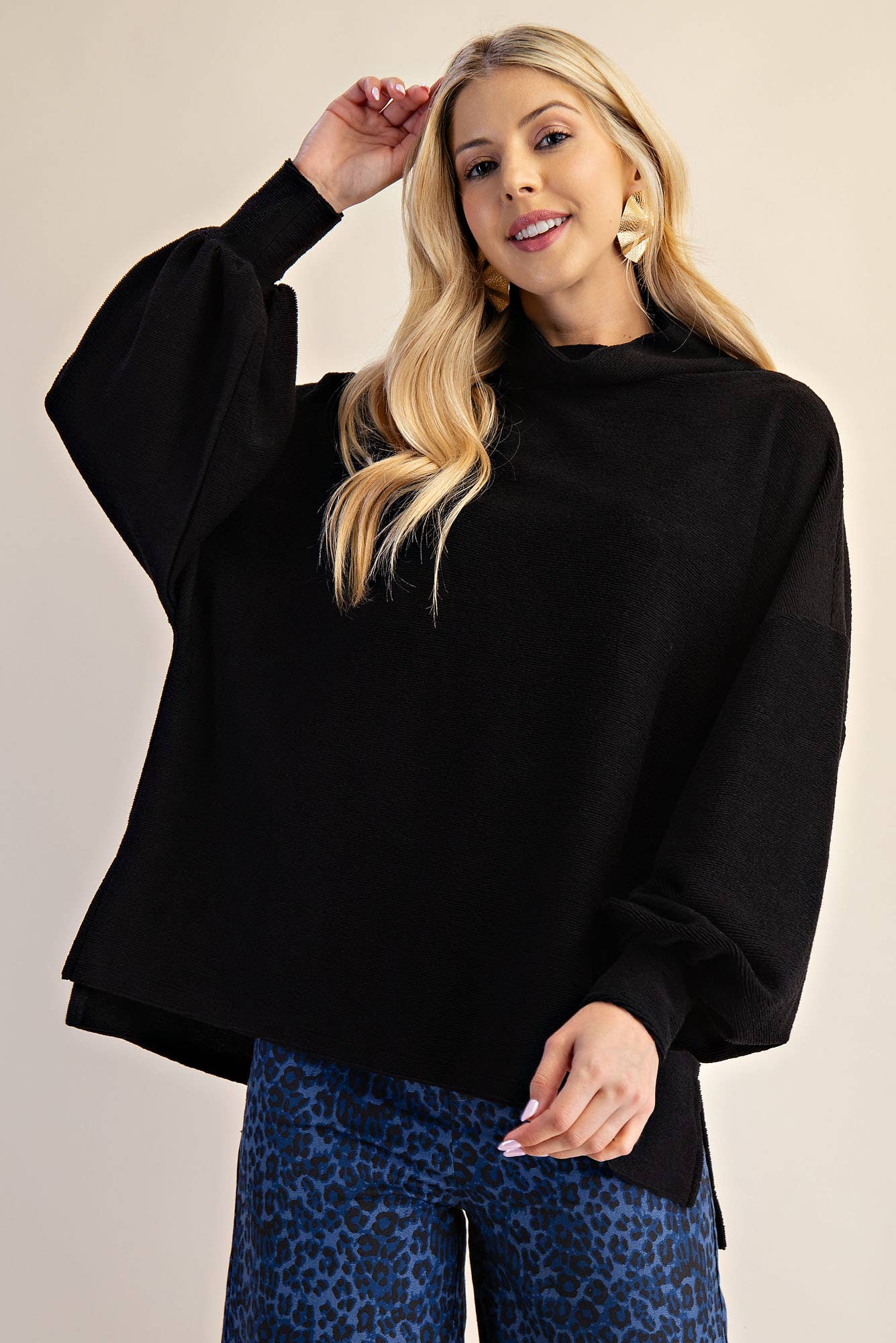 Mock Neck Balloon Sleeve Knit Top