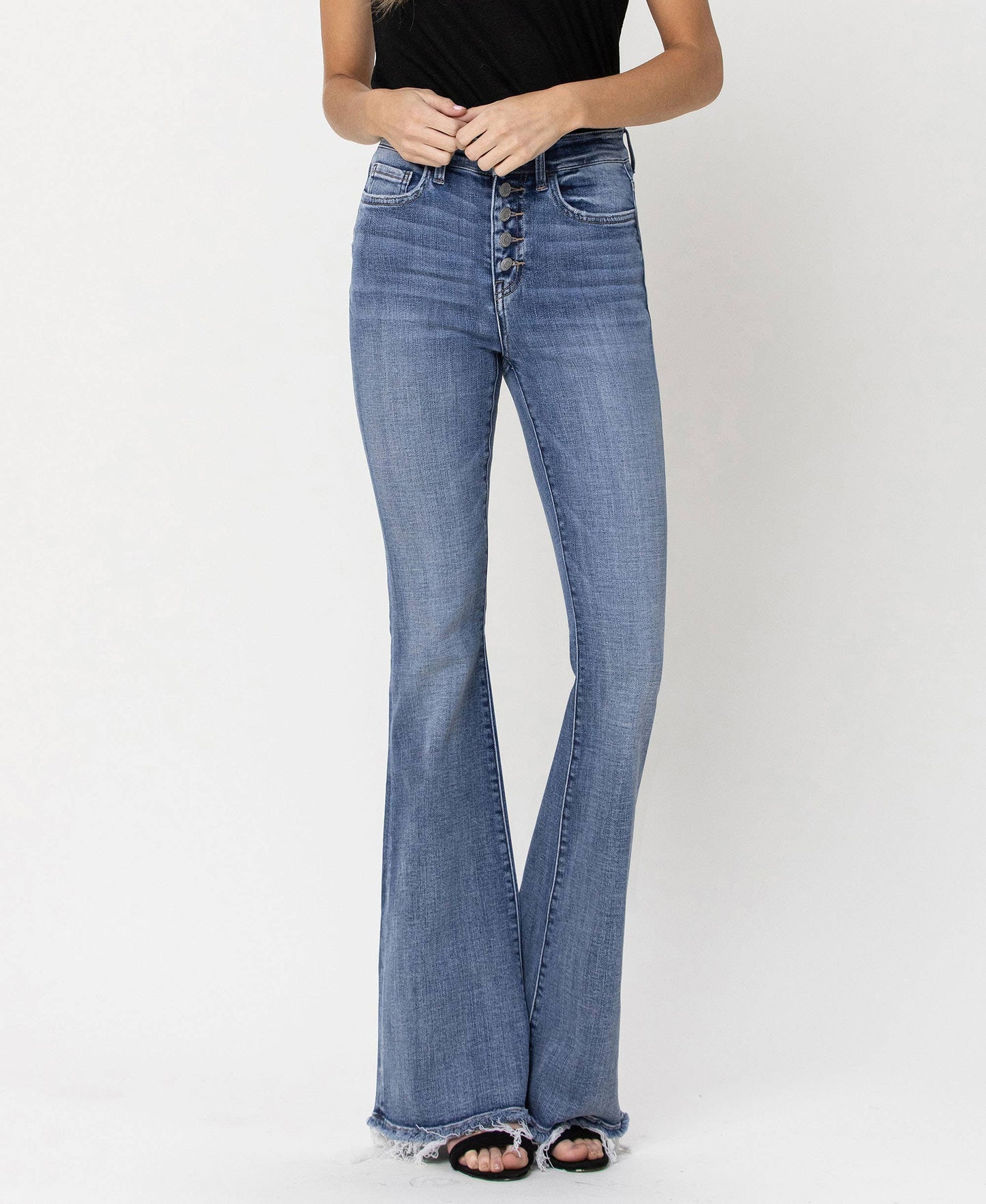 HIGH RISE BUTTON FLY FLARE JEANS F4318