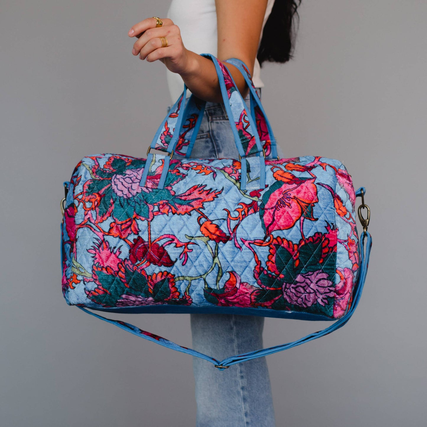 Bright Blue & Multicolored Floral Duffel