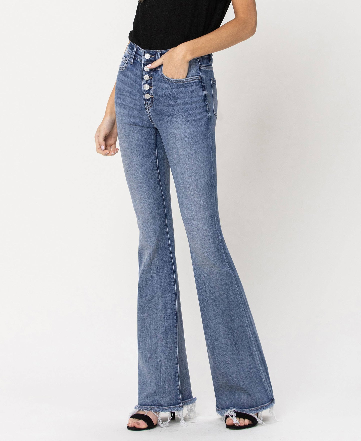 HIGH RISE BUTTON FLY FLARE JEANS F4318