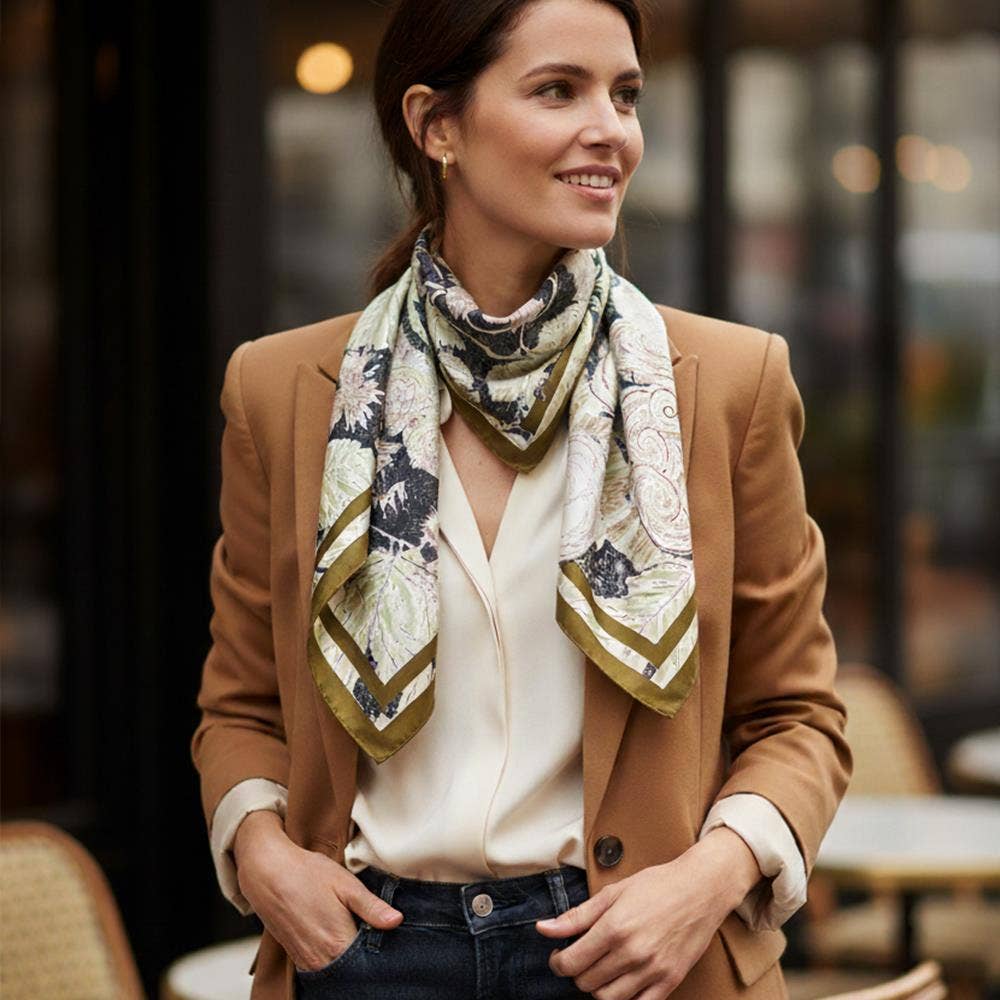 ABSTRACT FLORAL PRINT SILKY BANDANA SQUARE NECK SCARF