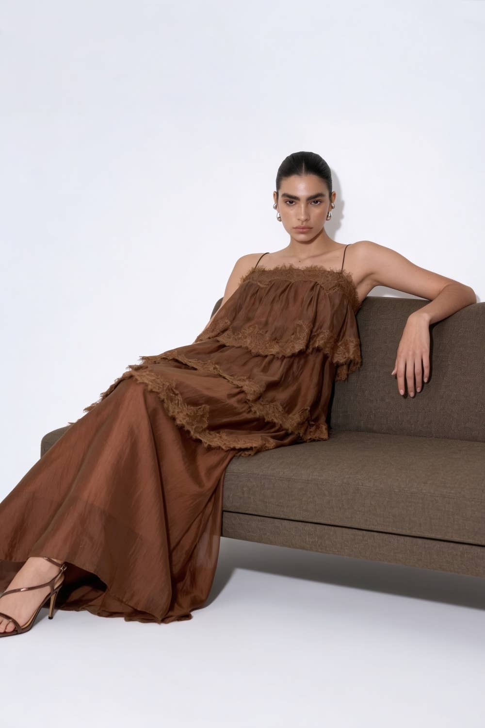 Coco Brown Ruffle Maxi Dress