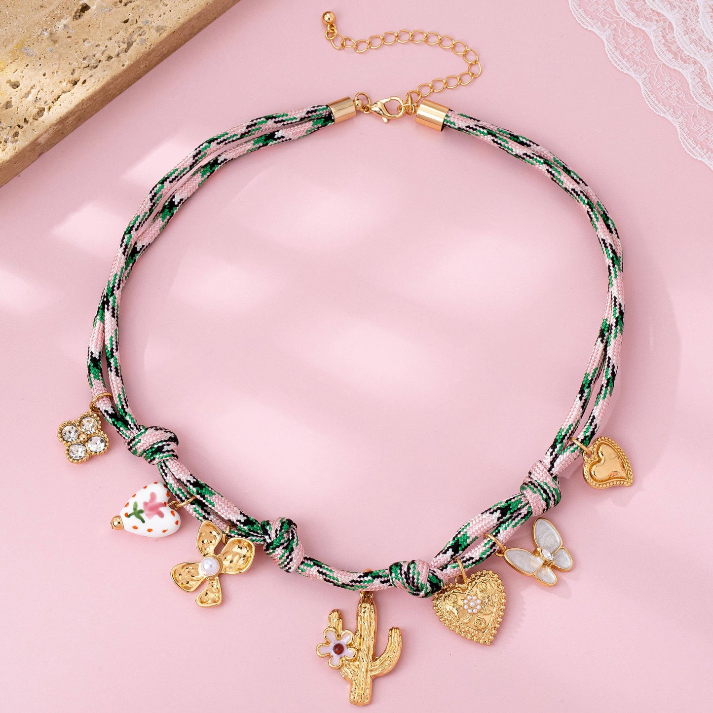 Pink Cord Charm Necklace - Bohemian Multi-Charm | 80N92743