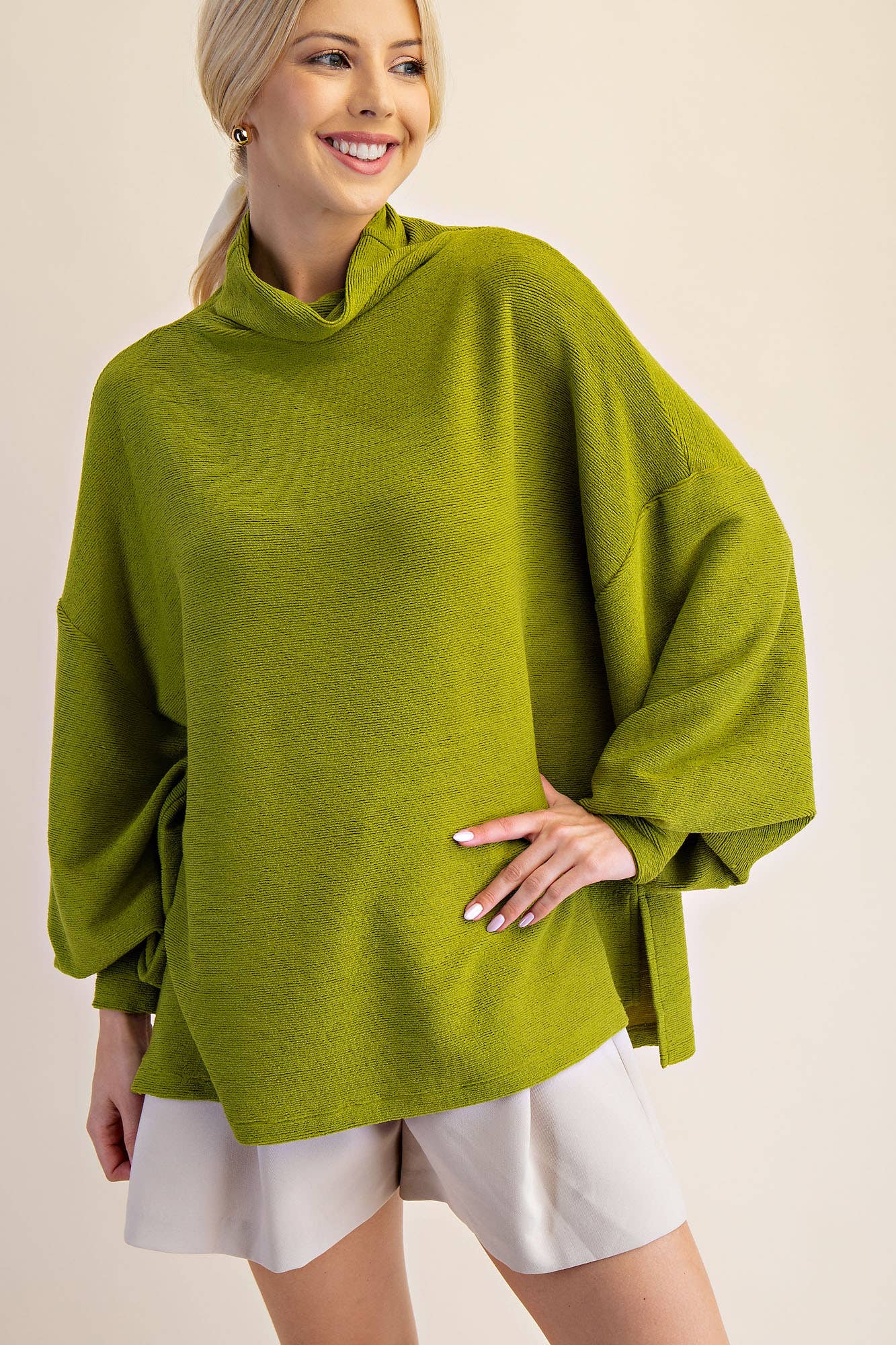 Mock Neck Balloon Sleeve Knit Top