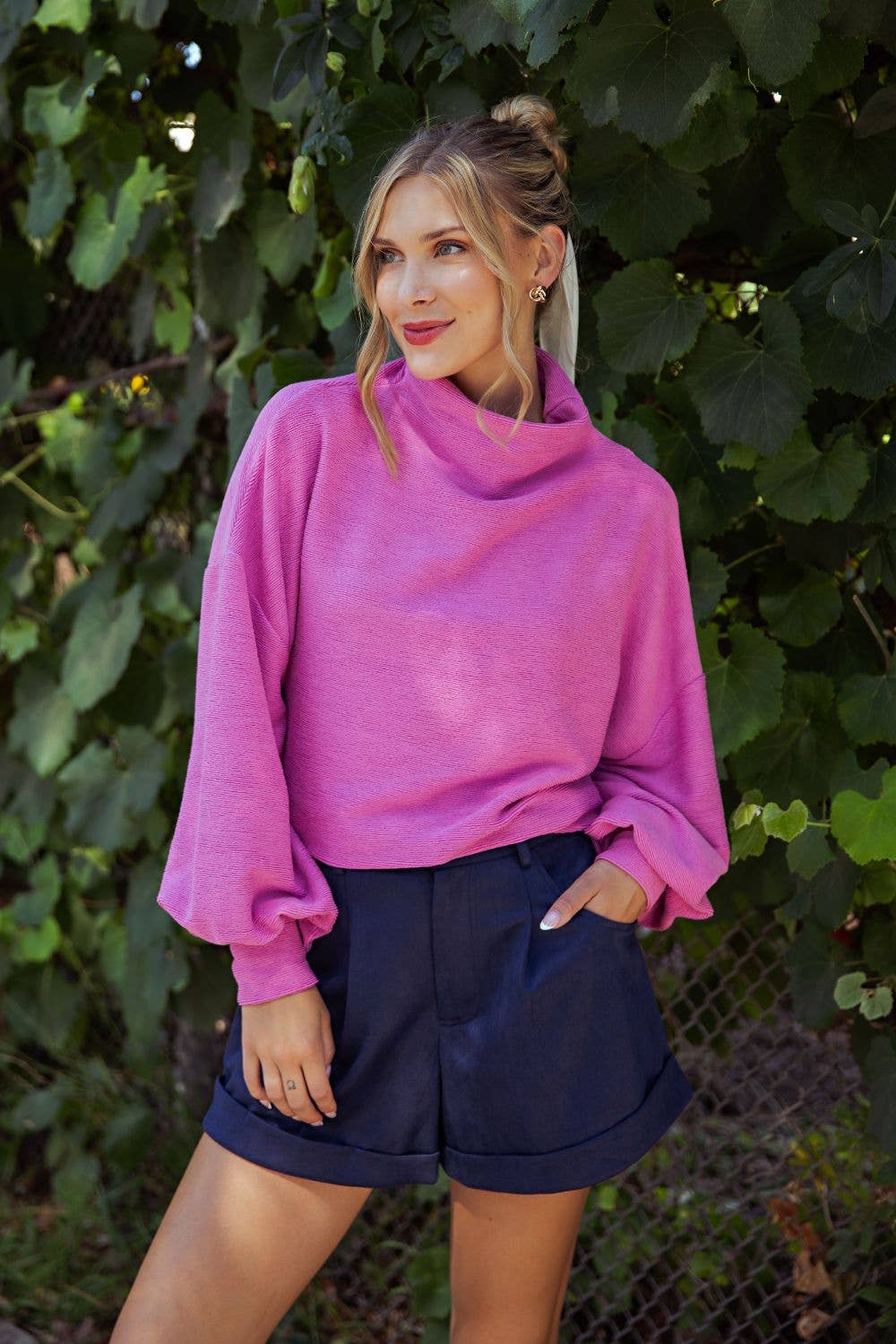 Mock Neck Balloon Sleeve Knit Top